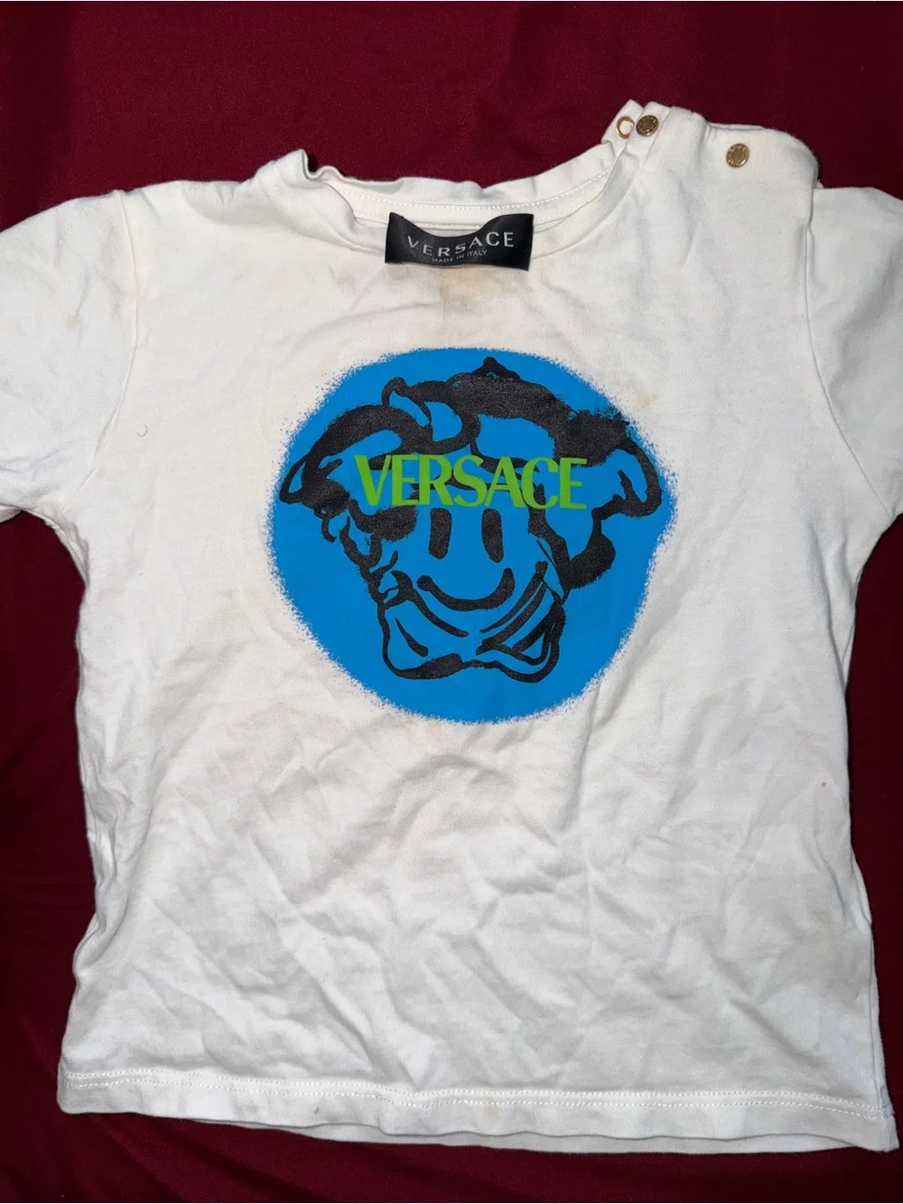 Versace Kids White Tee with Bright Blue Medusa Graphic and Neon Yellow Logo